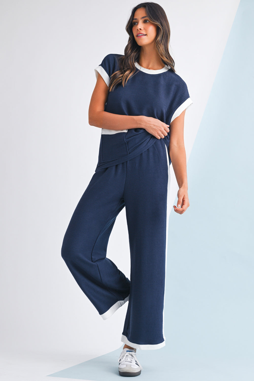 Nia Contrast Trim T-Shirt and Wide Leg Pants Set
