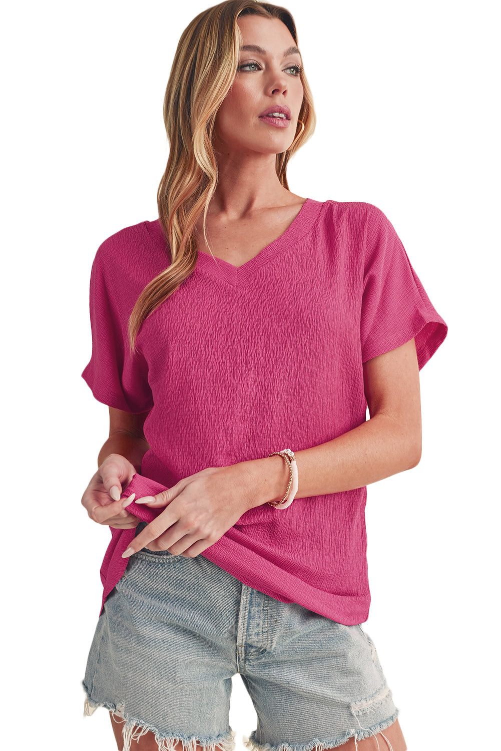 Basic Plain Textured V Neck T-Shirt