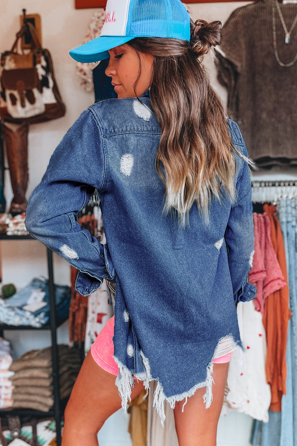 Beau Blue Light Wash Distressed Long Denim Jacket