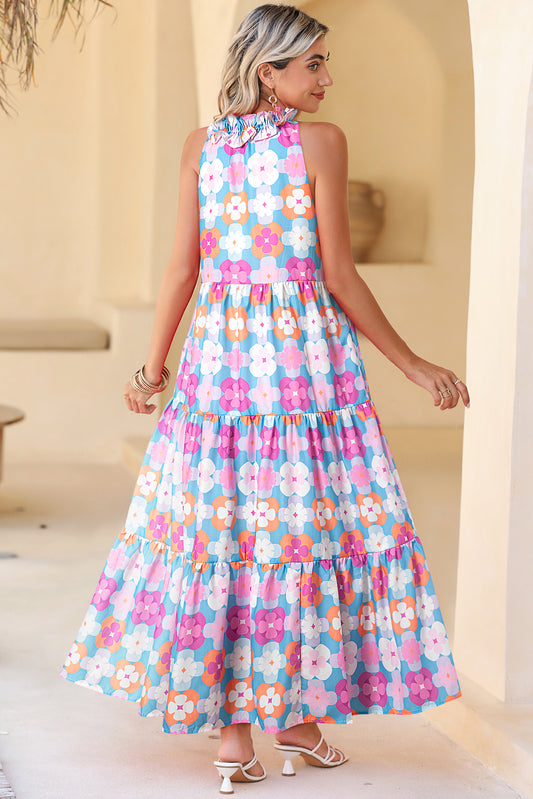 Lina Retro Floral Sleeveless Tiered Maxi Dress