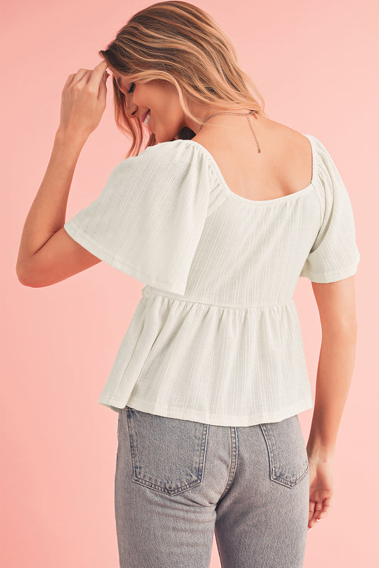 Smocked V-Neck Flutter Sleeve Blouse
