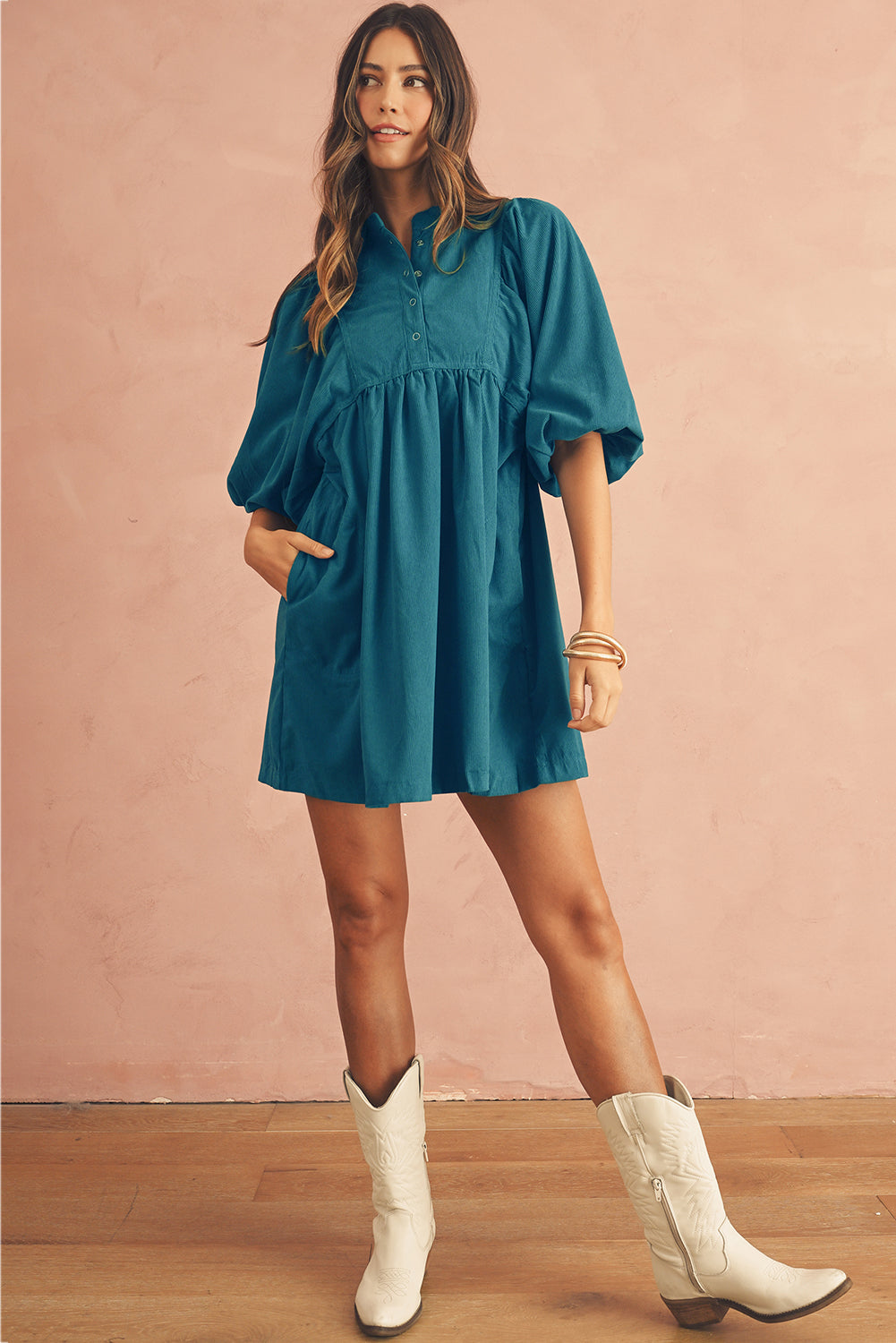 Corduroy Empire Waist Lantern Sleeve Dress