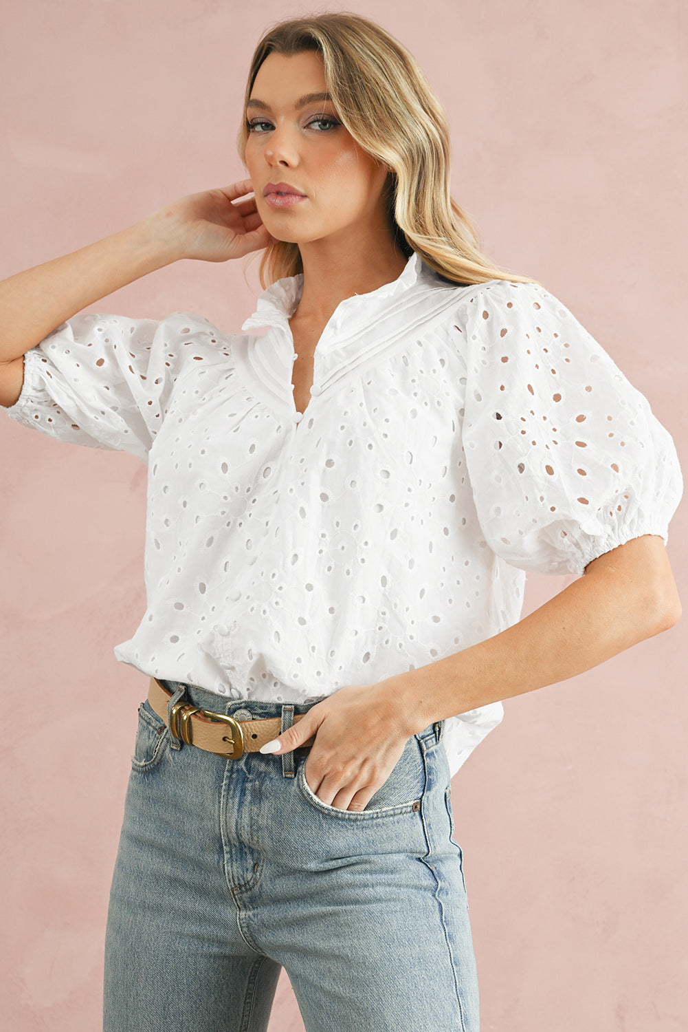 Eyelet Short Puff Sleeve Blouse