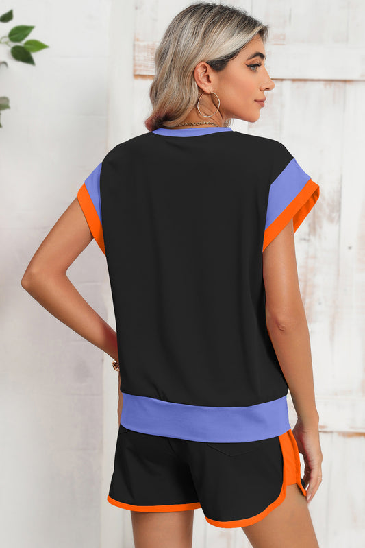 Color-Block Top and Elastic Waist Shorts Set