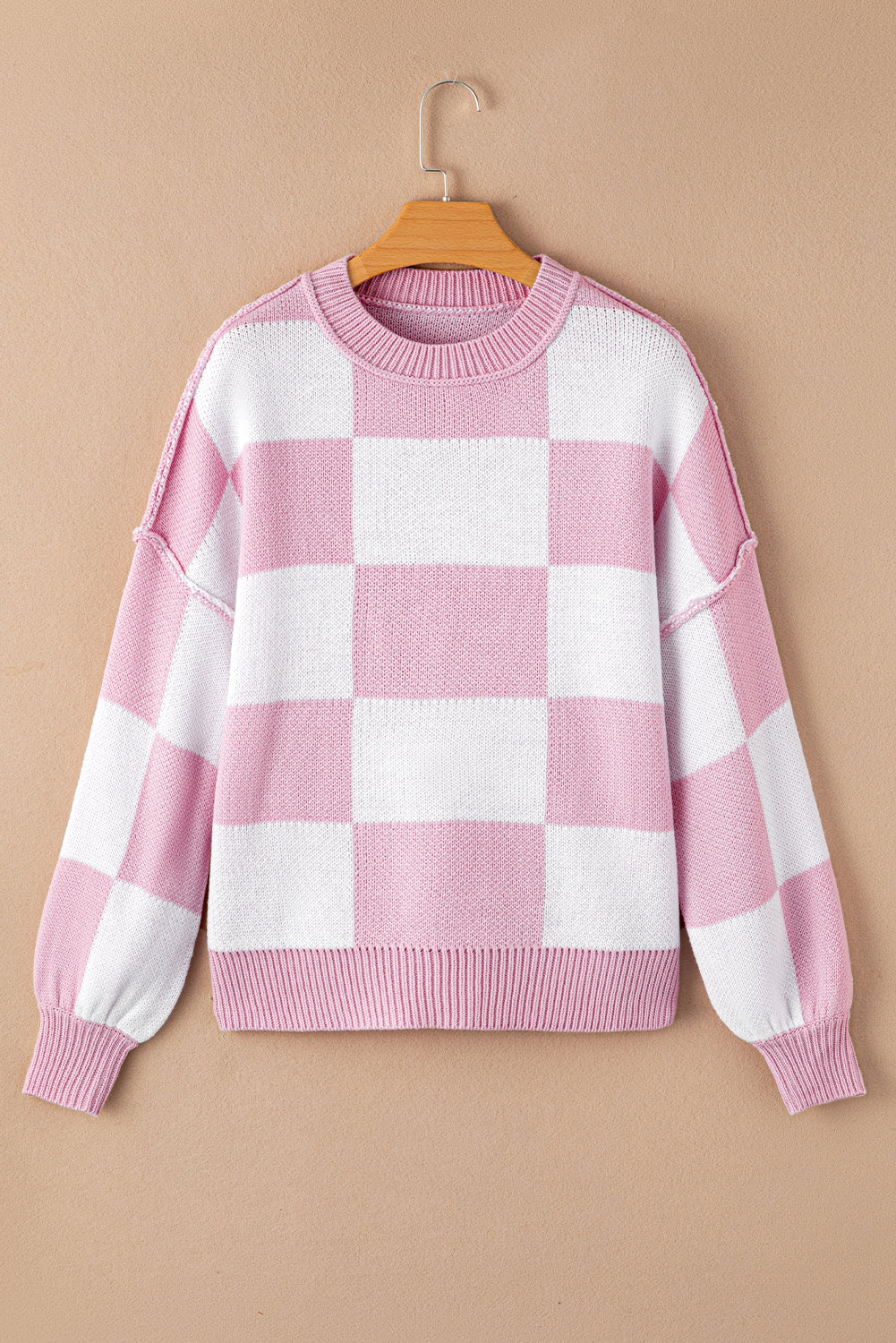 Checked Bishop Sleeve Pullover Sweater