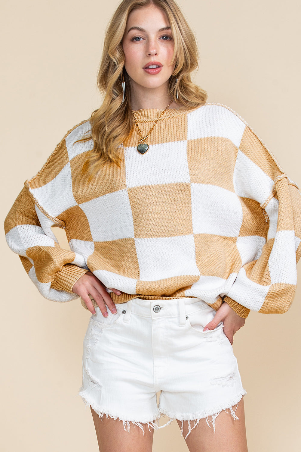 Checked Bishop Sleeve Pullover Sweater