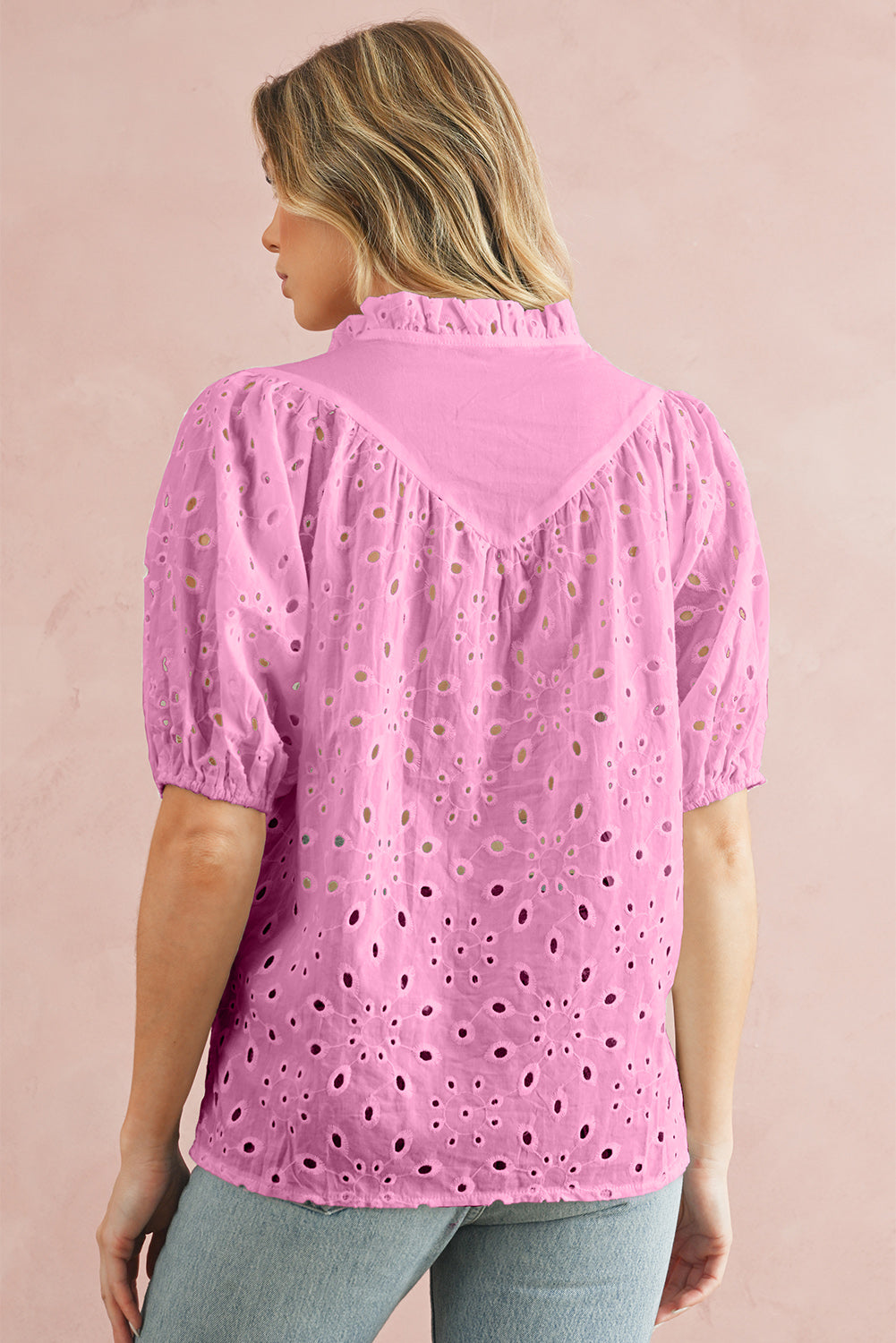 Eyelet Short Puff Sleeve Blouse