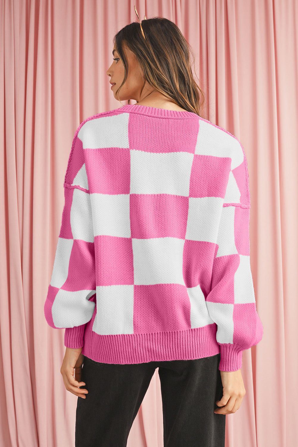 Checked Bishop Sleeve Pullover Sweater