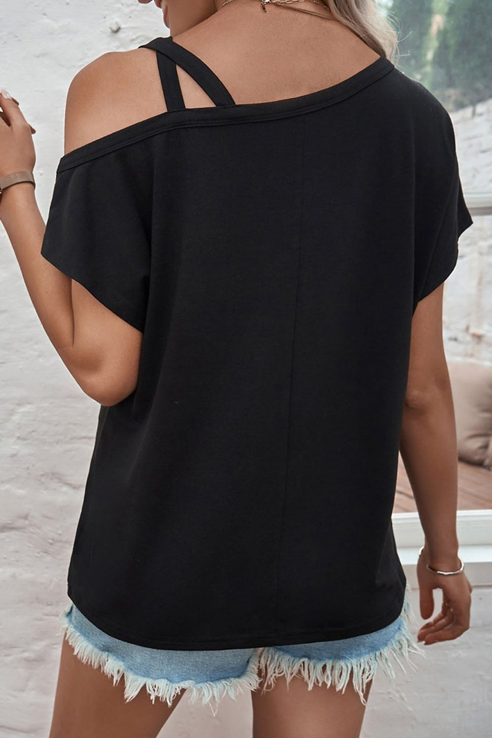 Black Asymmetric Criss Cross Cold Shoulder T-Shirt
