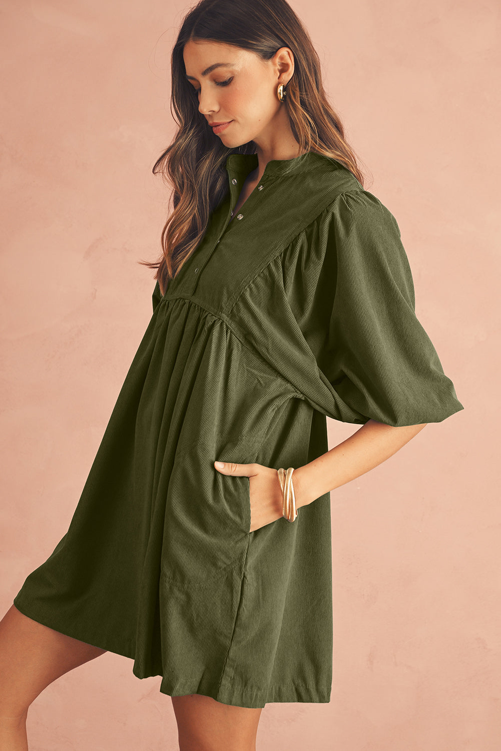 Corduroy Empire Waist Lantern Sleeve Dress