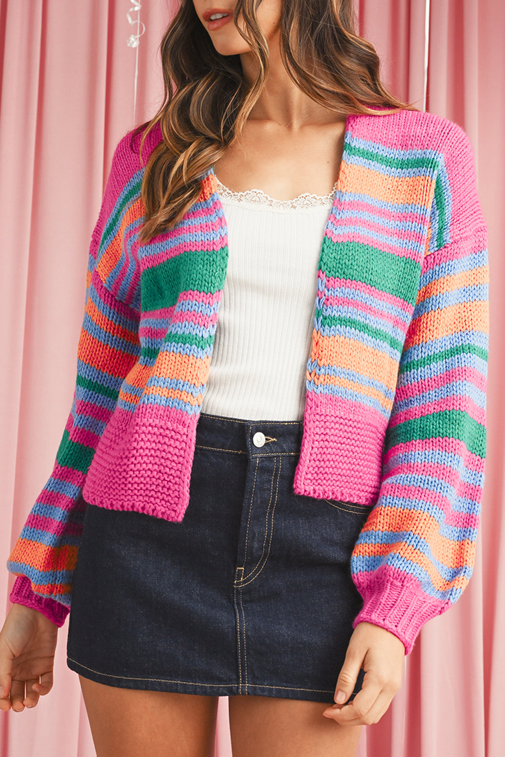 Rosie Striped Puff Sleeve Open Front Cardigan