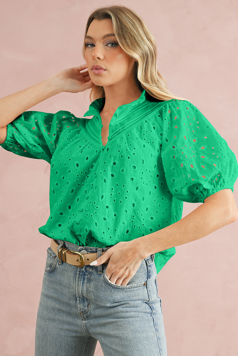 Eyelet Short Puff Sleeve Blouse