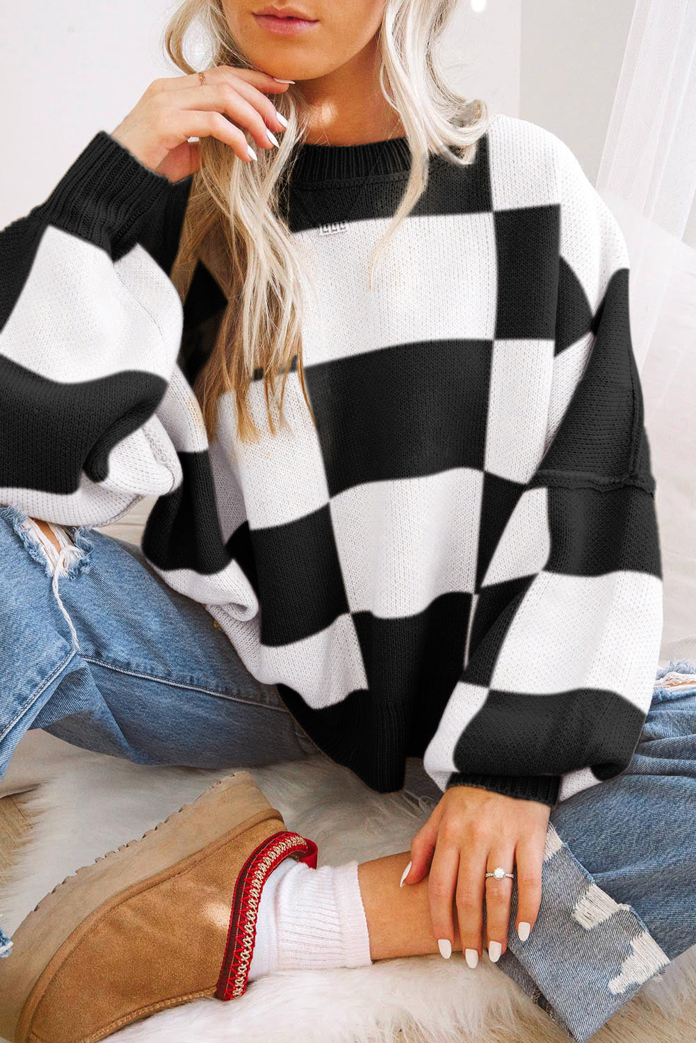 Checked Bishop Sleeve Pullover Sweater