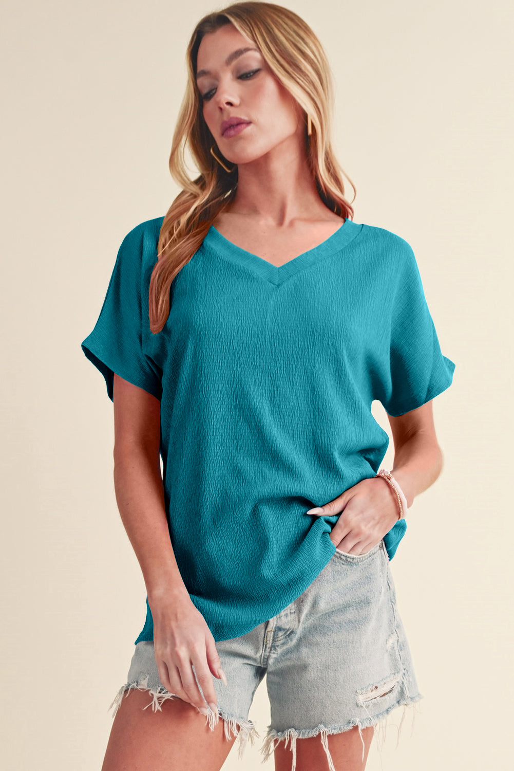 Basic Plain Textured V Neck T-Shirt