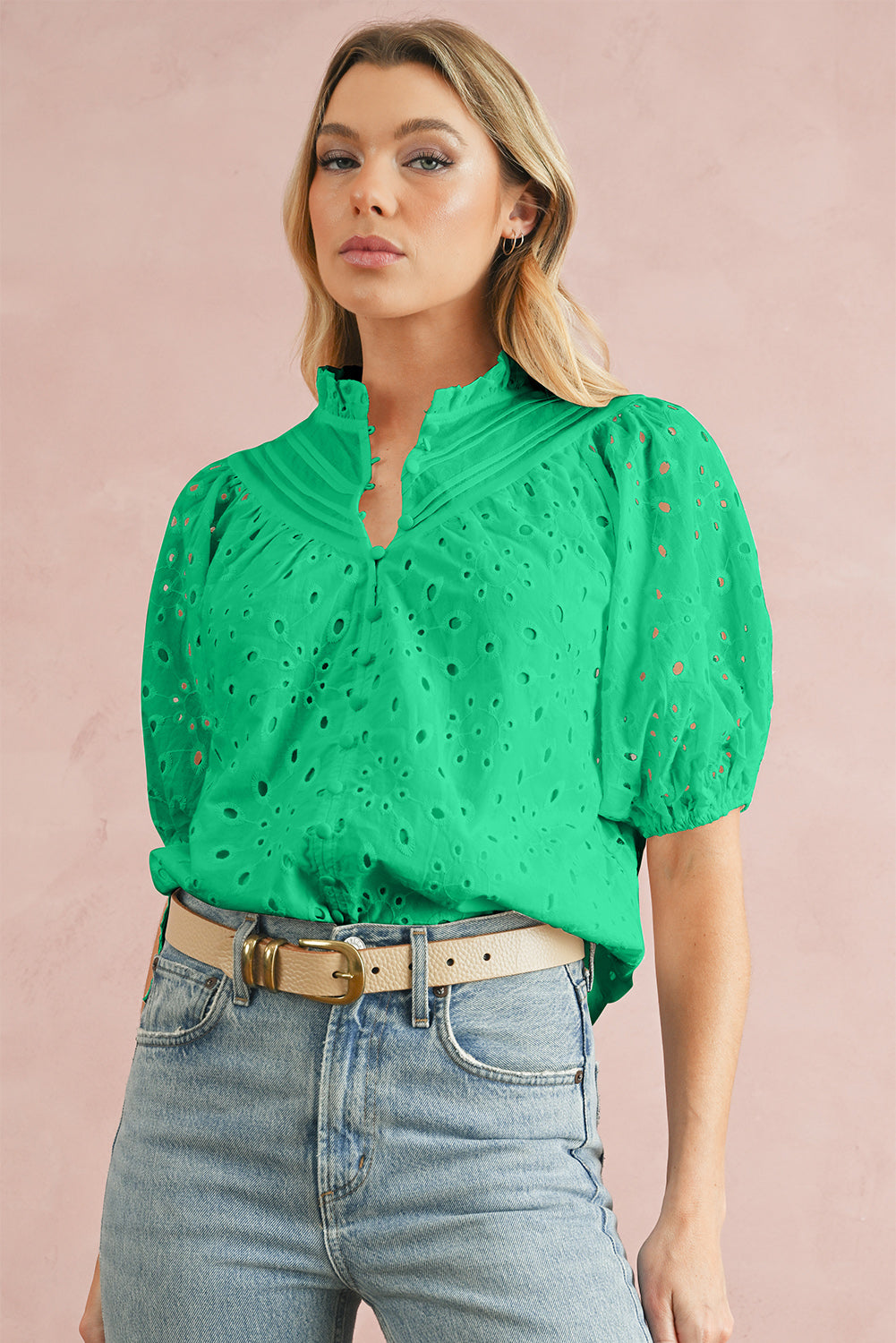 Eyelet Short Puff Sleeve Blouse