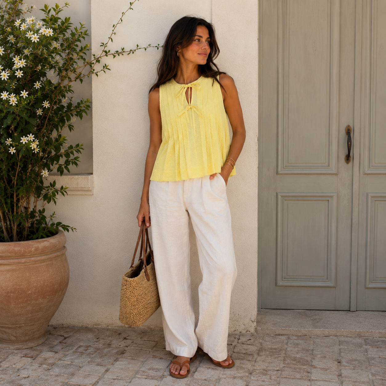 Buttercup Bow Tie Pleated Sleeveless Top