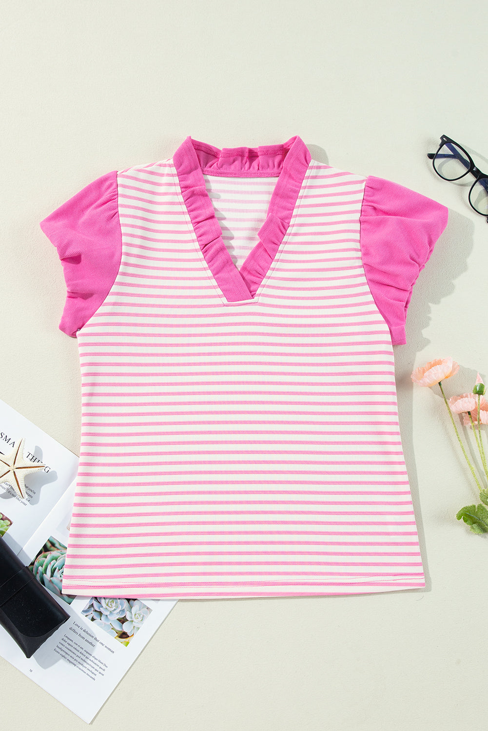Pink Stripe Ruffle V-Neck Top