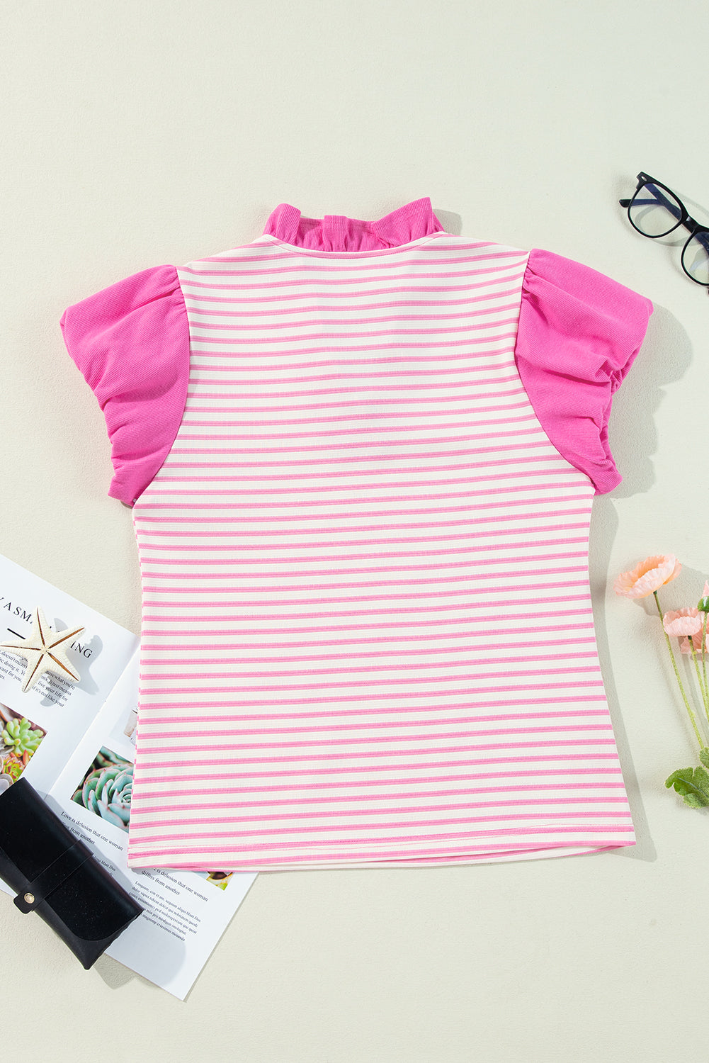 Pink Stripe Ruffle V-Neck Top