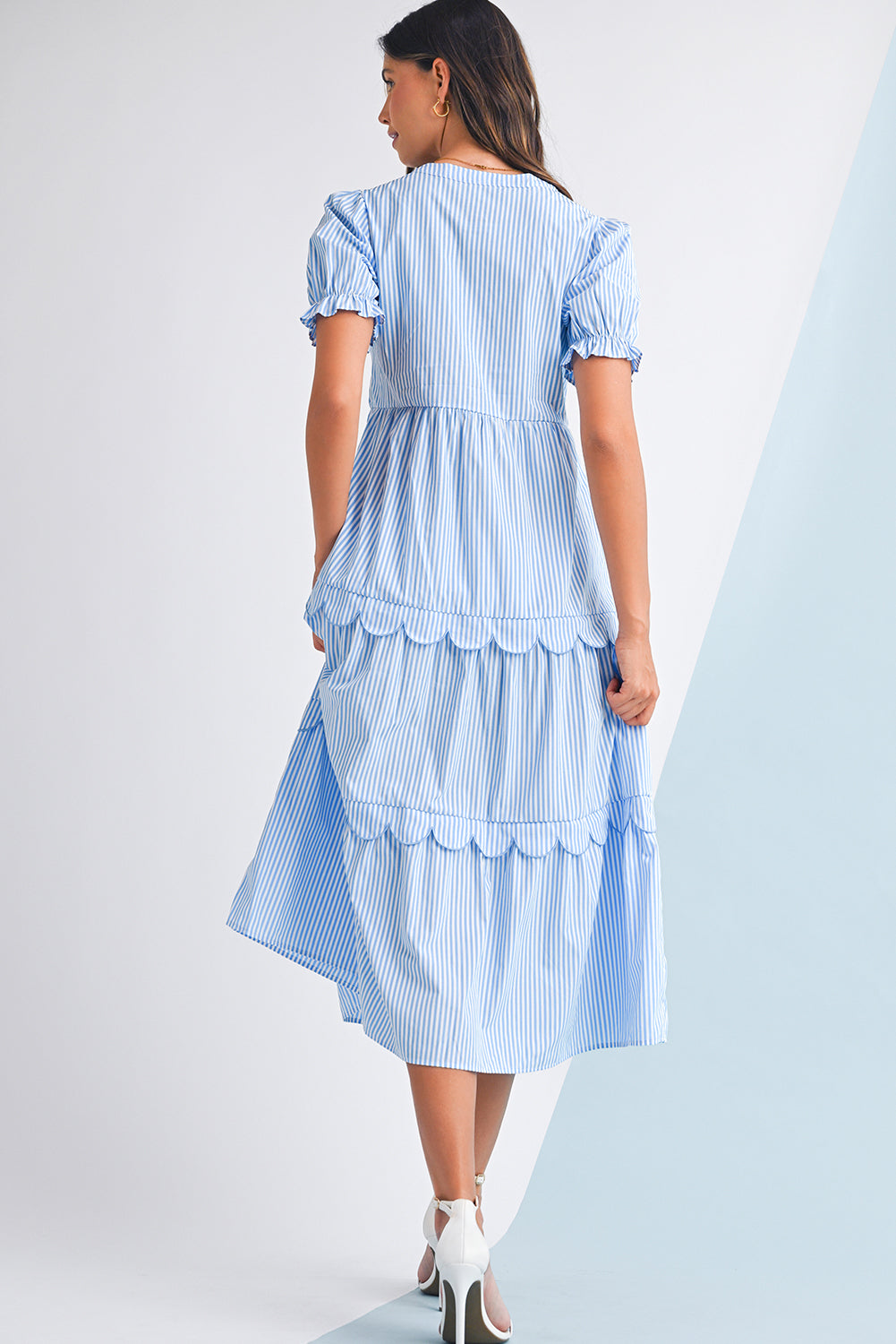 Celeste Striped Scallop Tiered Dress