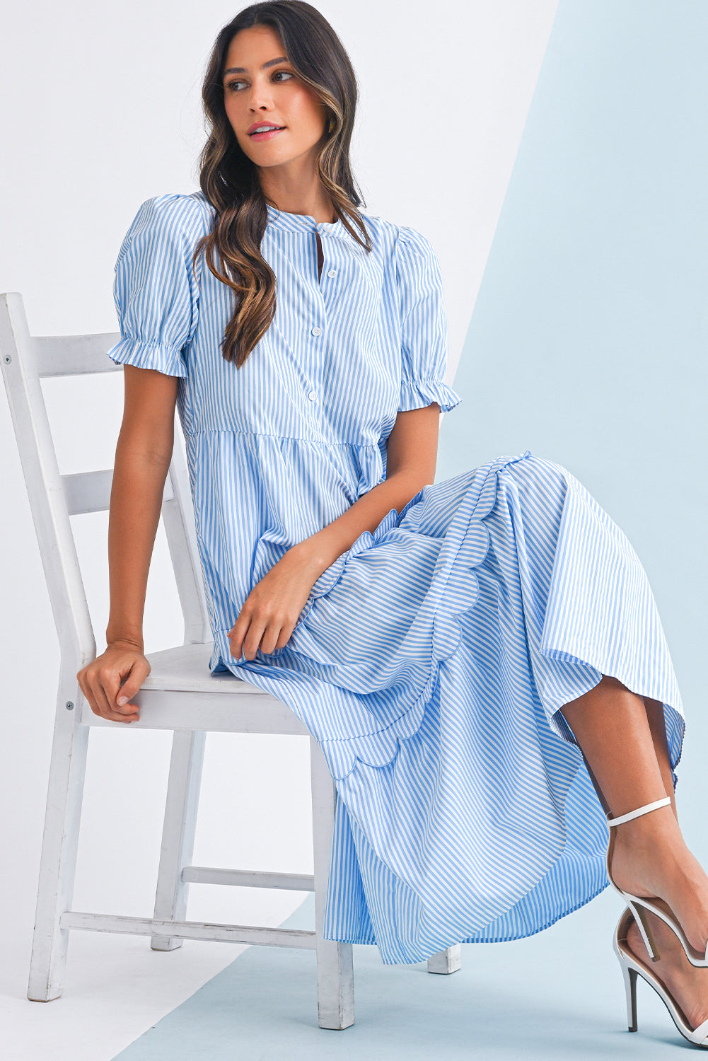Celeste Striped Scallop Tiered Dress