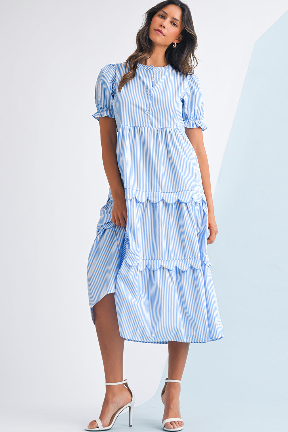Celeste Striped Scallop Tiered Dress