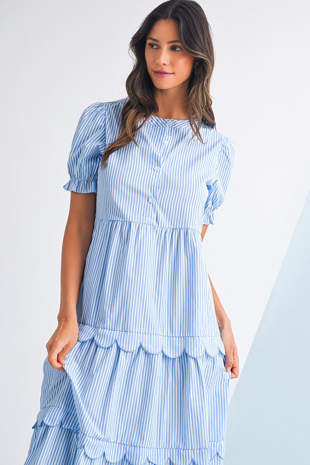 Celeste Striped Scallop Tiered Dress