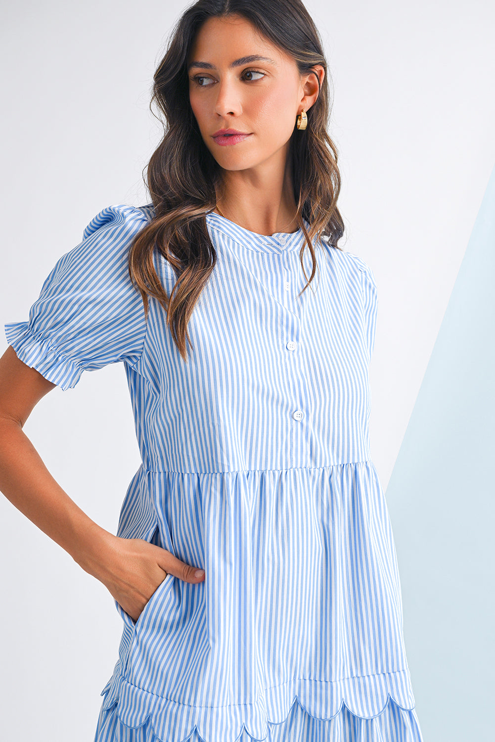 Celeste Striped Scallop Tiered Dress