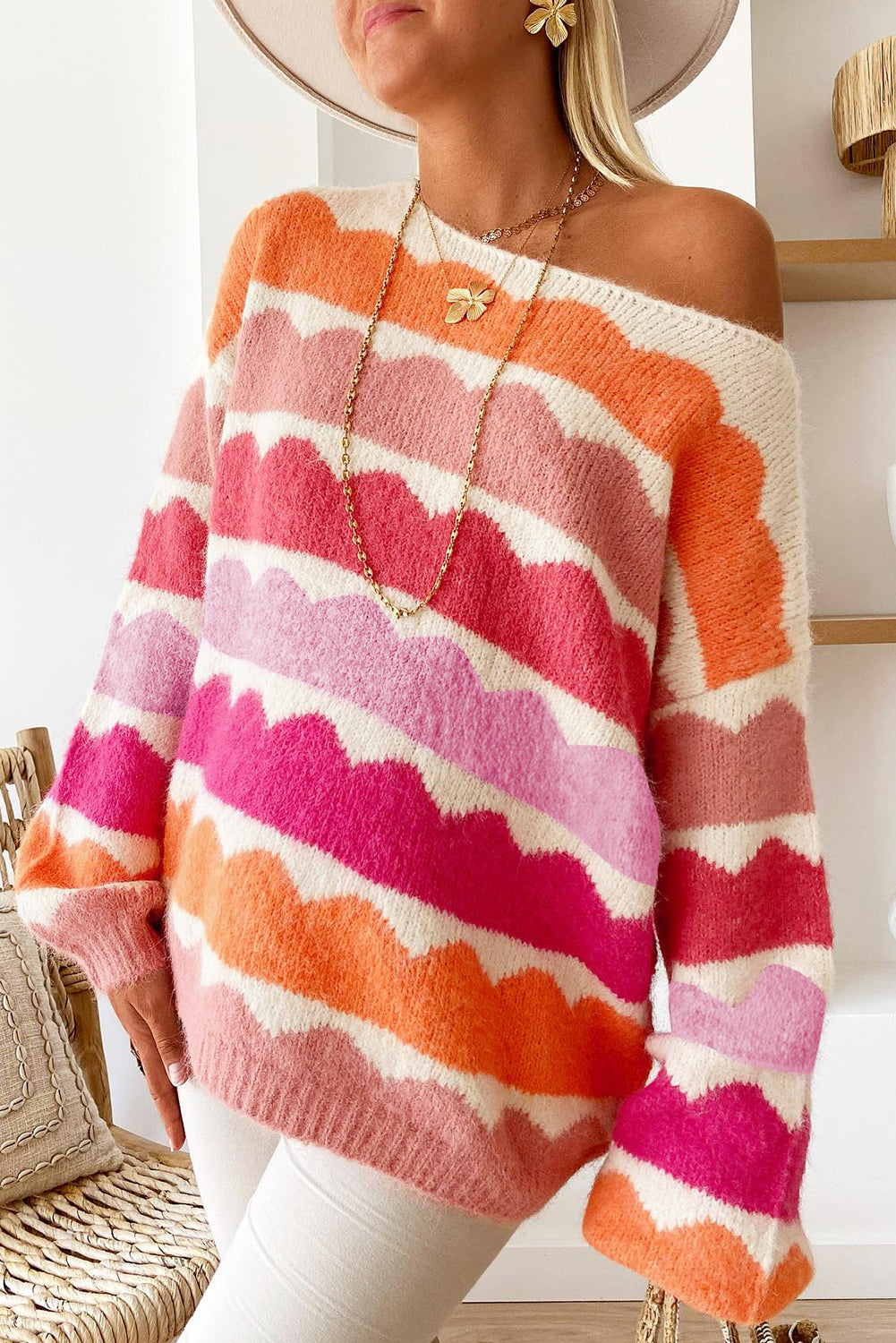 Kaia Wave Striped Balloon Sleeve Sweater