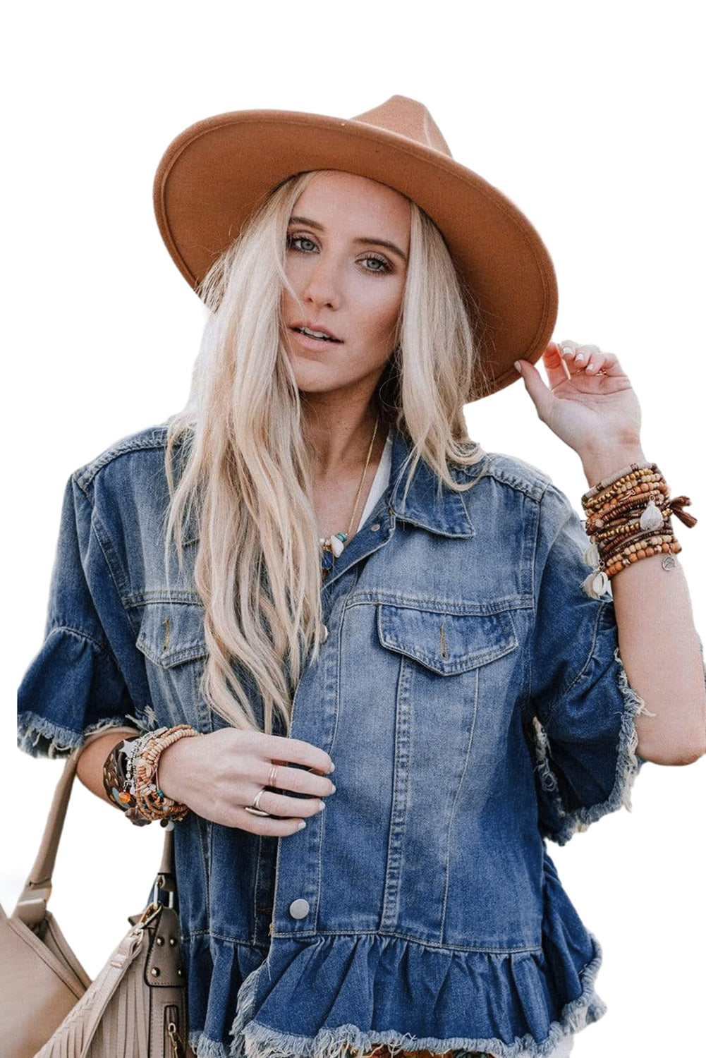 Sia Raw Edge Ruffle Short Sleeve Denim Jacket