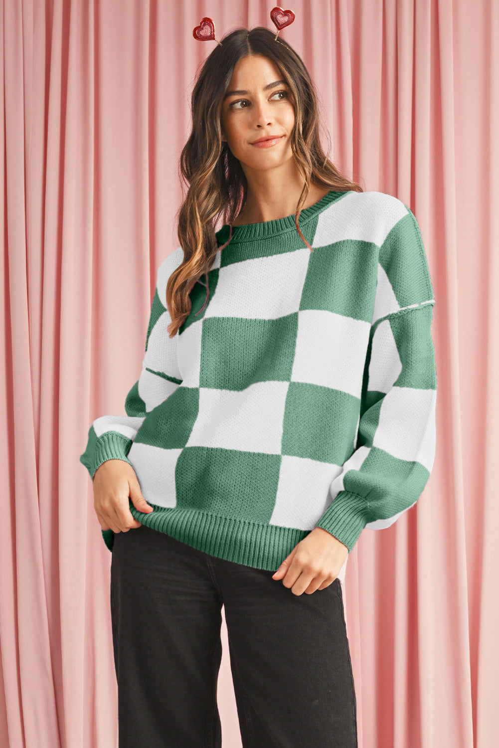 Checked Bishop Sleeve Pullover Sweater