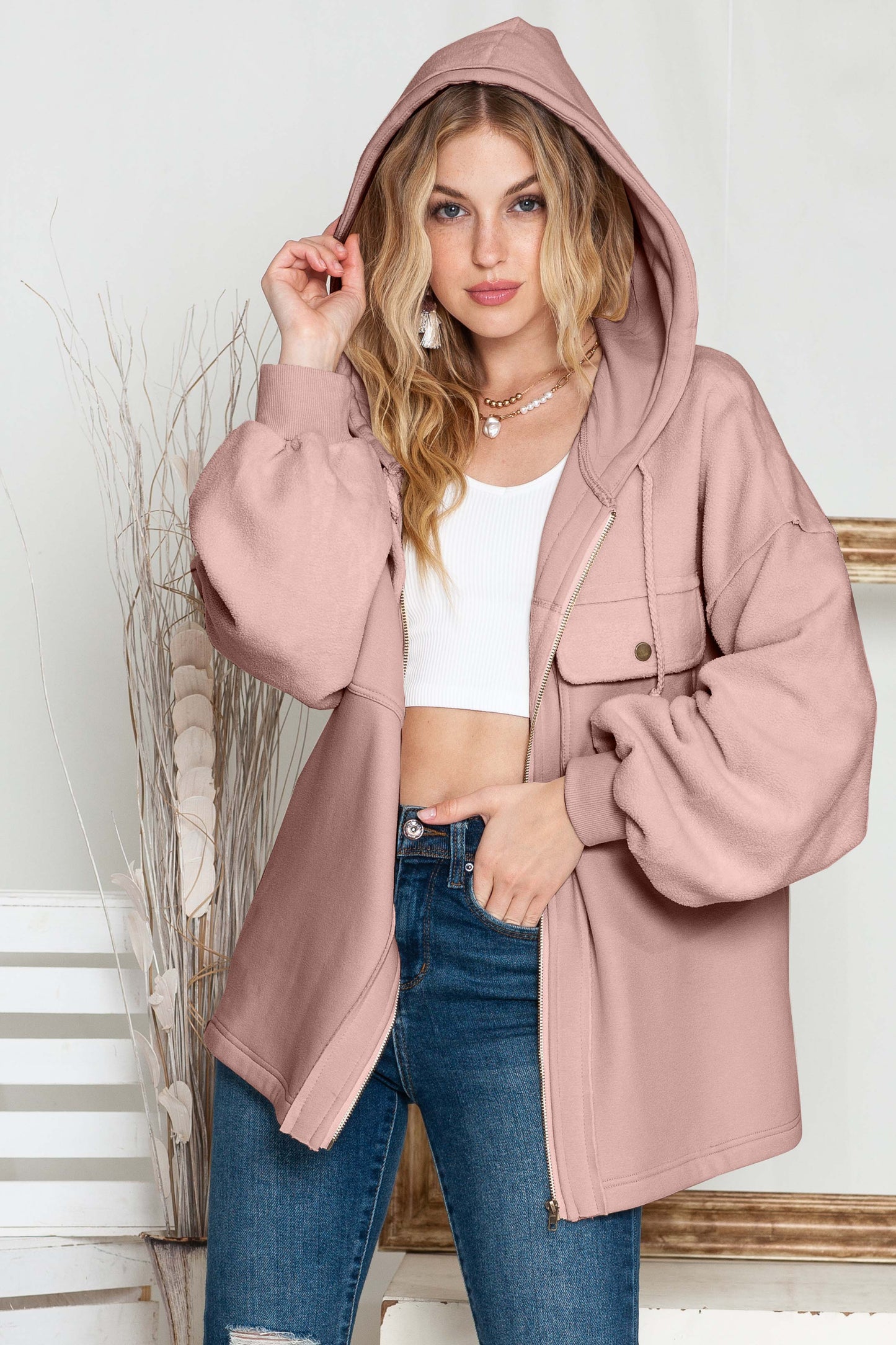 Flap Pockets Bishop Sleeve Zip Up Hoodie