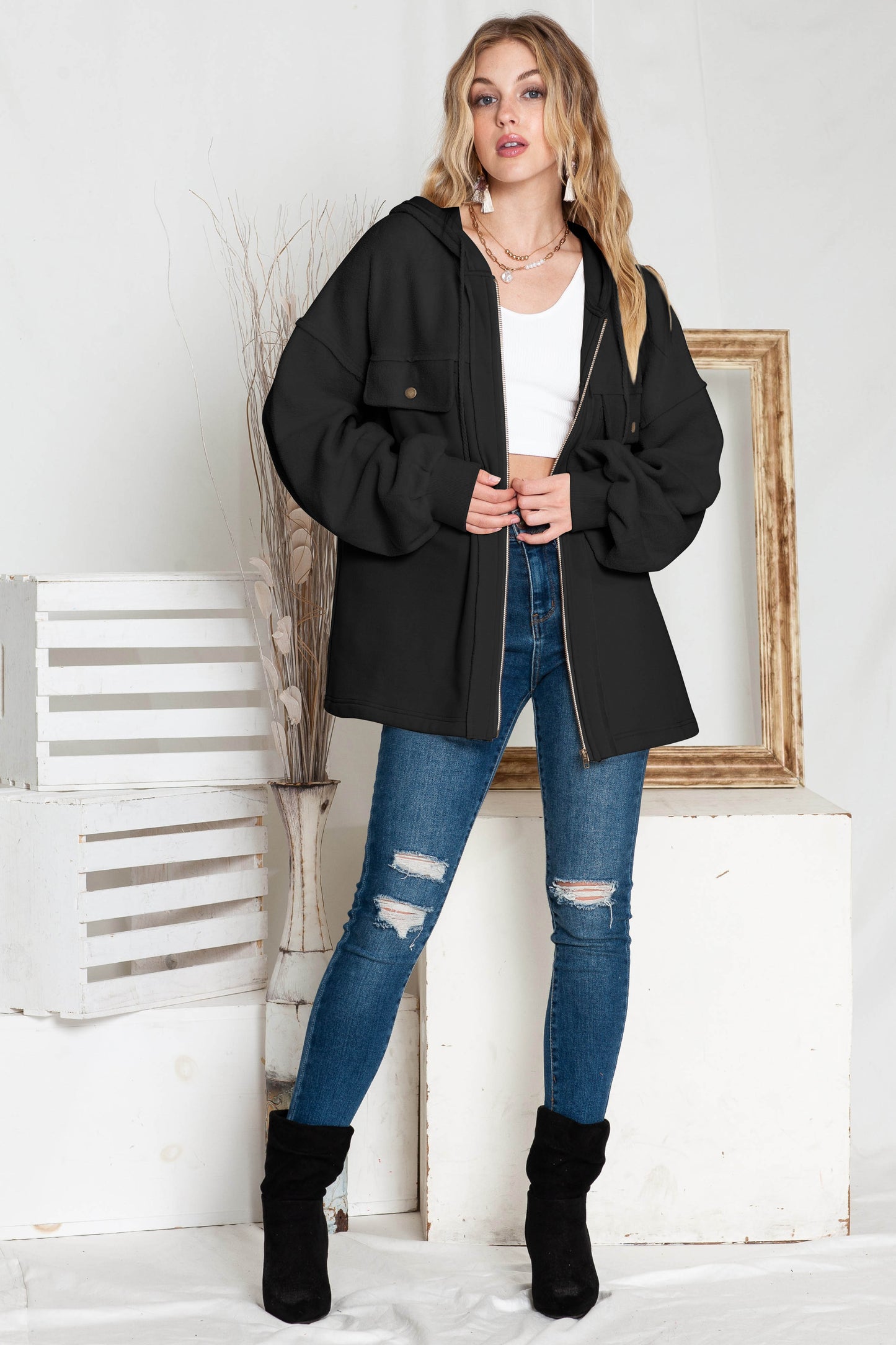Flap Pockets Bishop Sleeve Zip Up Hoodie