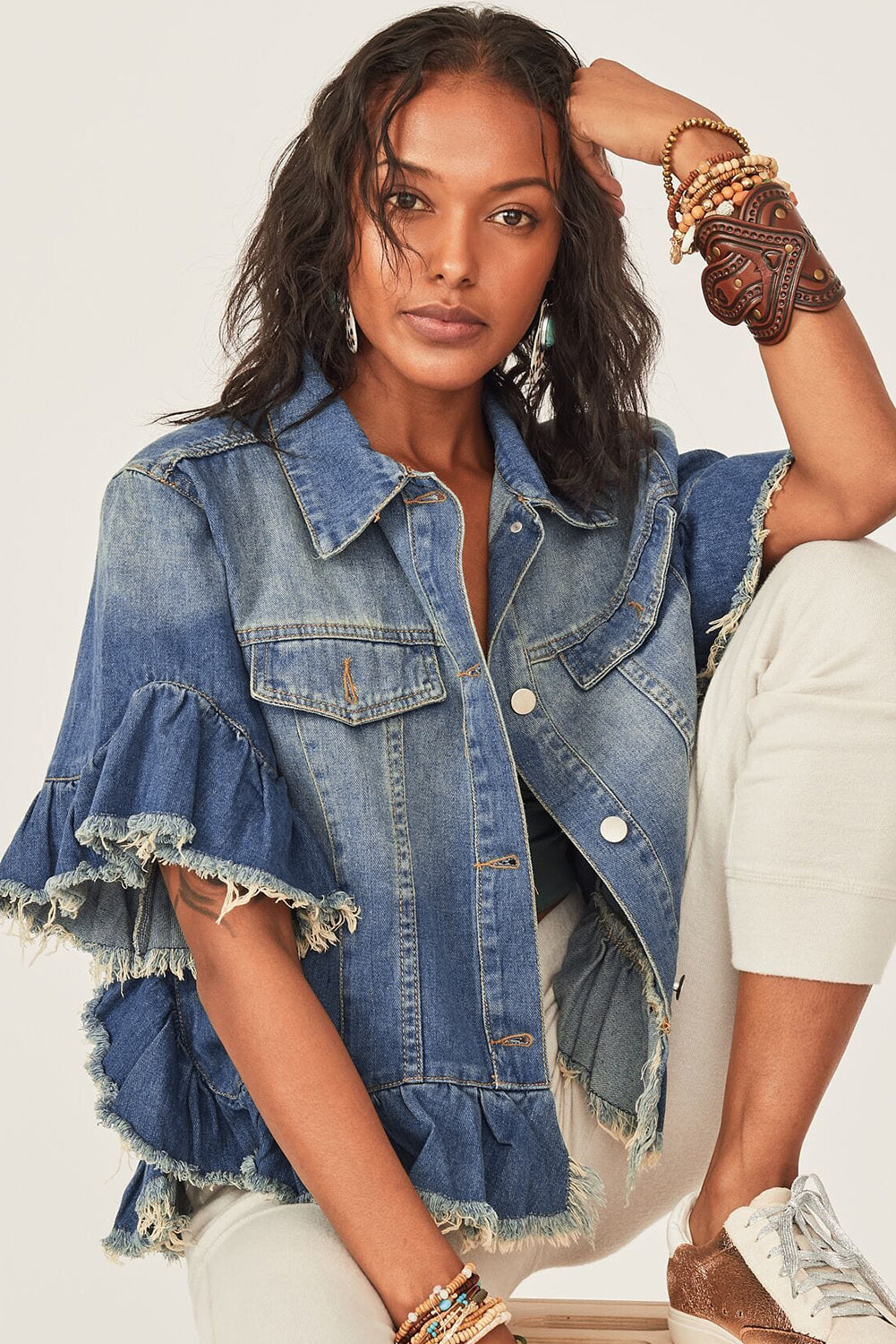 Sia Raw Edge Ruffle Short Sleeve Denim Jacket