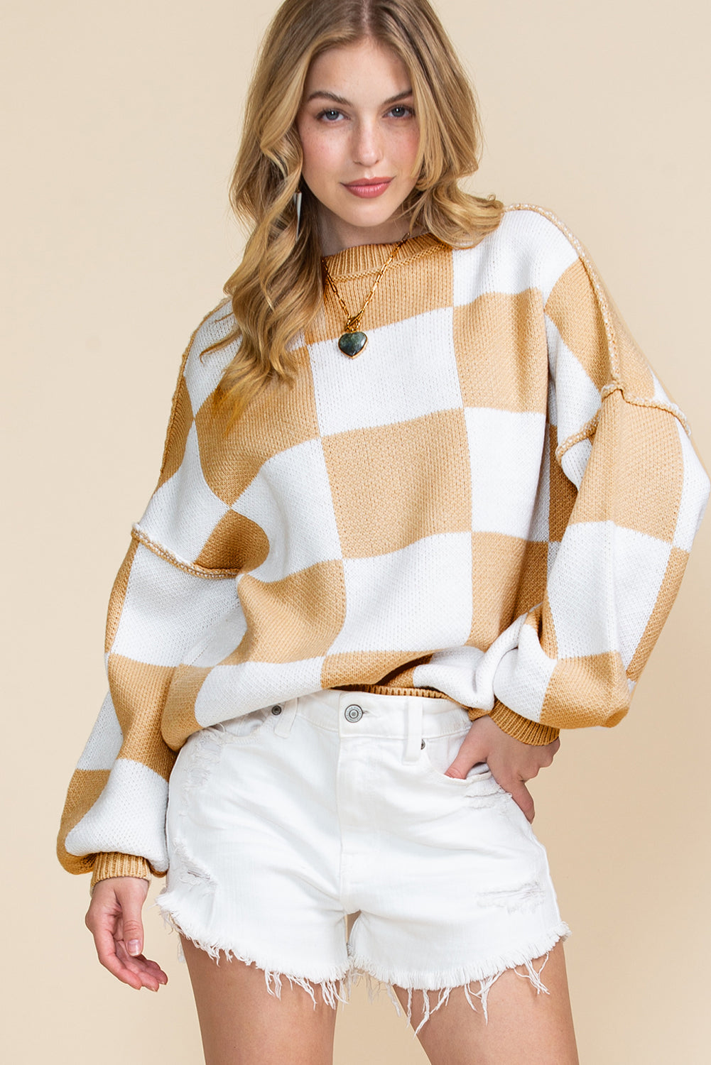Checked Bishop Sleeve Pullover Sweater