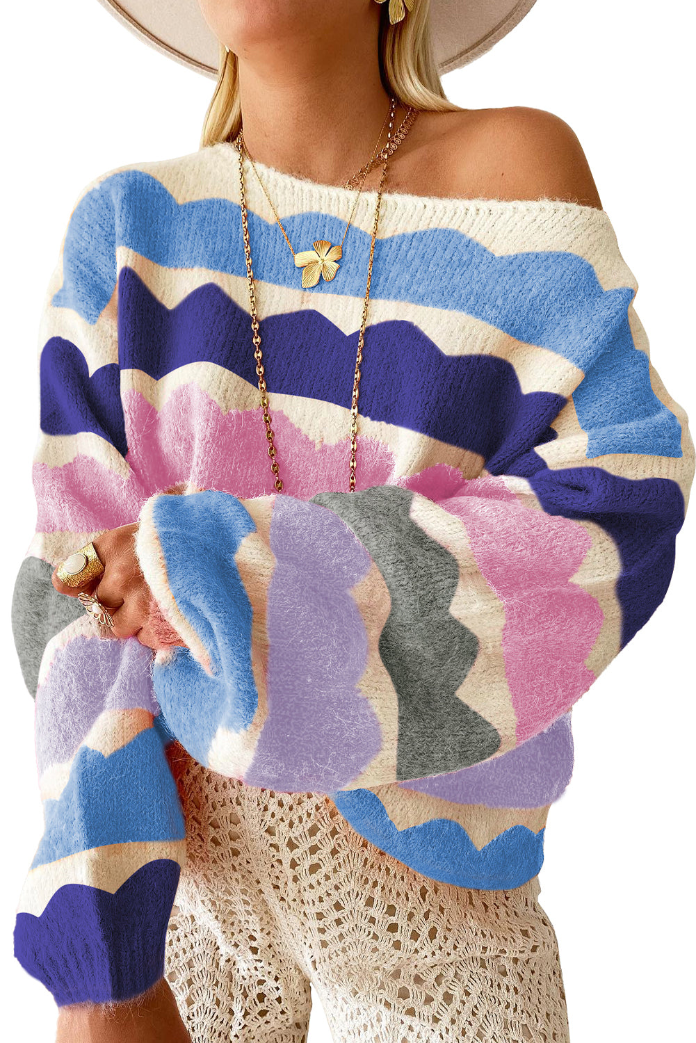 Kaia Wave Striped Balloon Sleeve Sweater