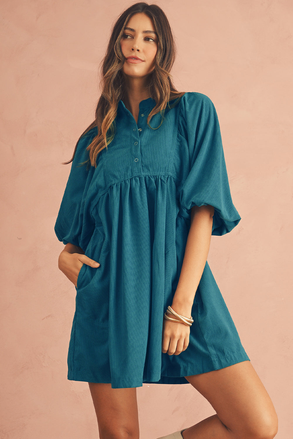 Corduroy Empire Waist Lantern Sleeve Dress
