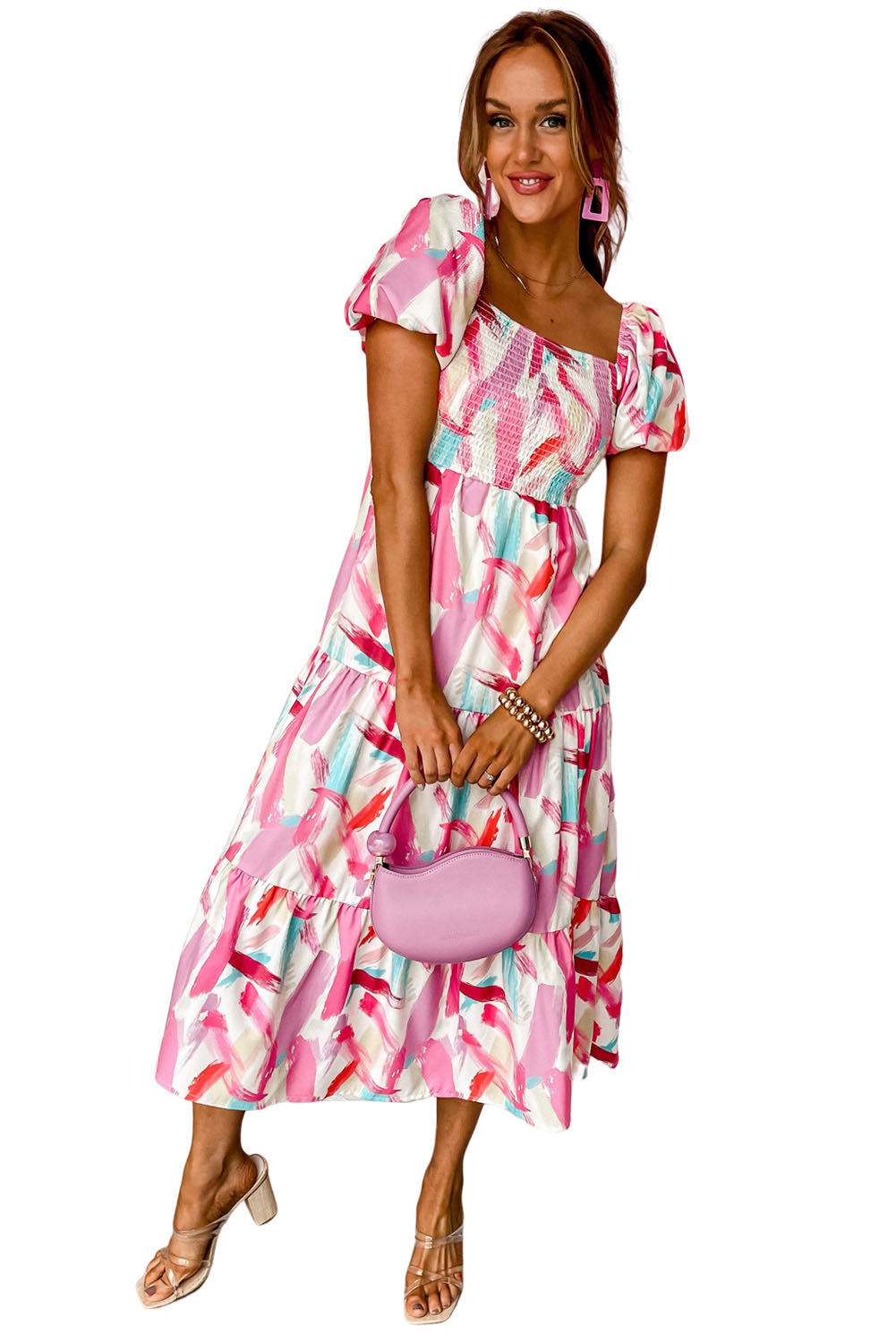 Brush Stroke Printed Smocked Ruffle Tiered Dress