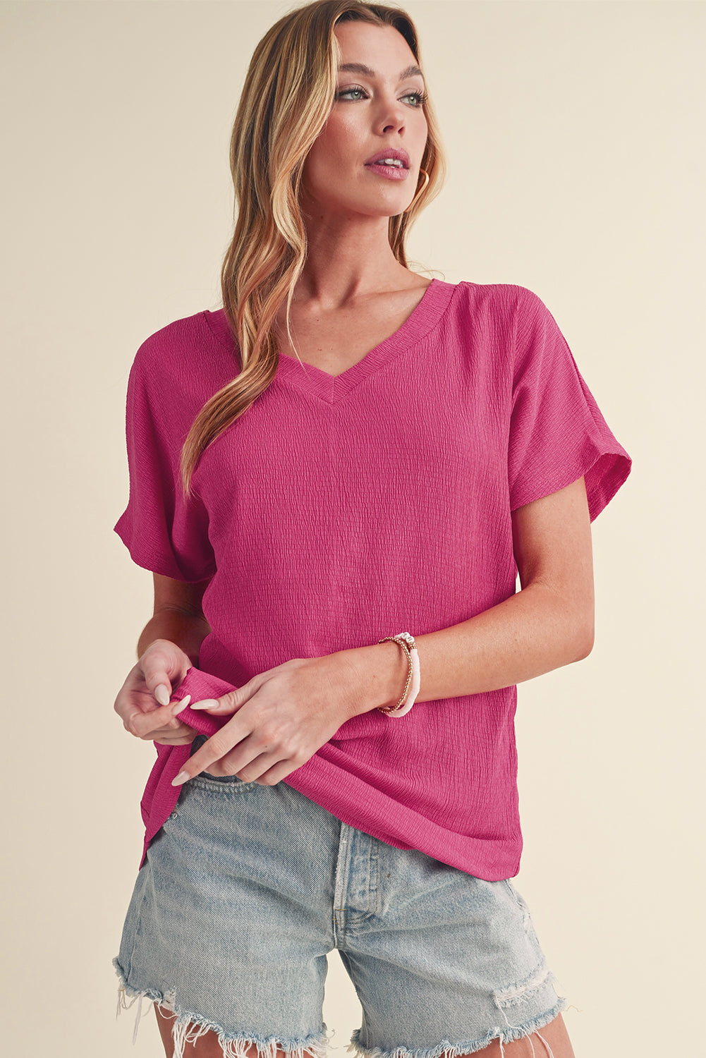 Basic Plain Textured V Neck T-Shirt
