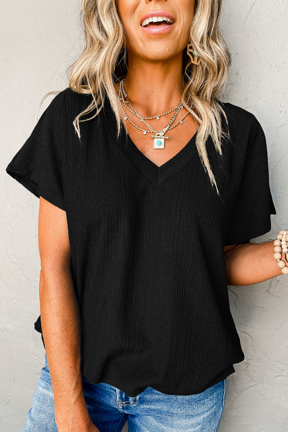 Basic Plain Textured V Neck T-Shirt