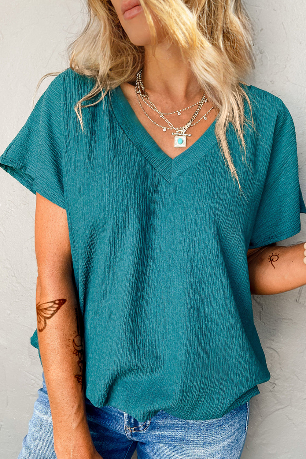 Basic Plain Textured V Neck T-Shirt
