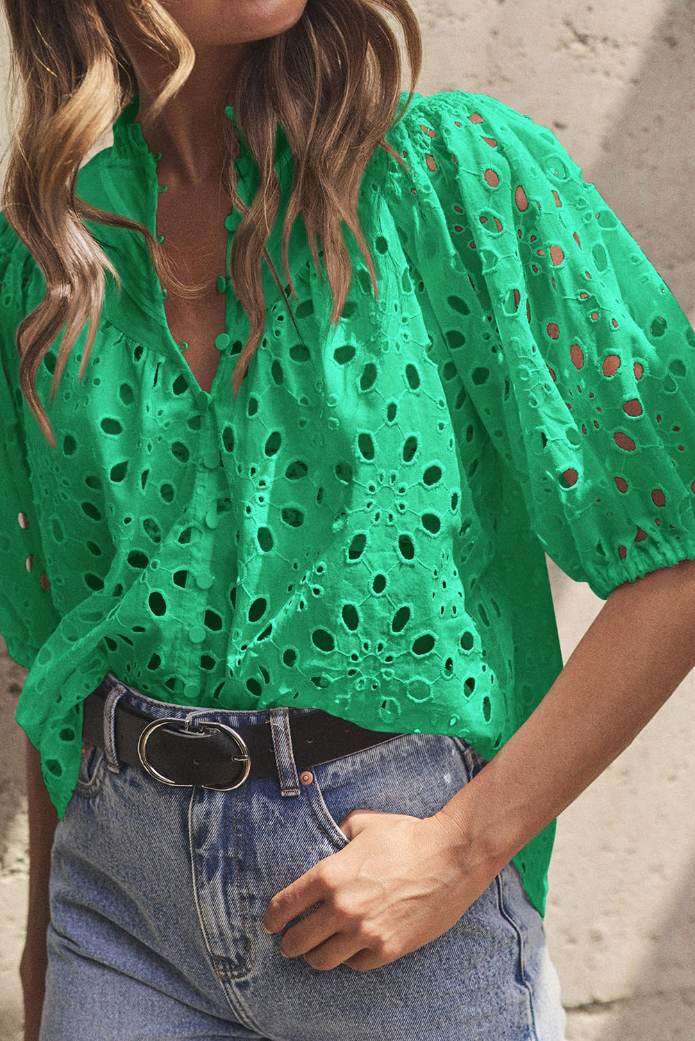 Eyelet Short Puff Sleeve Blouse