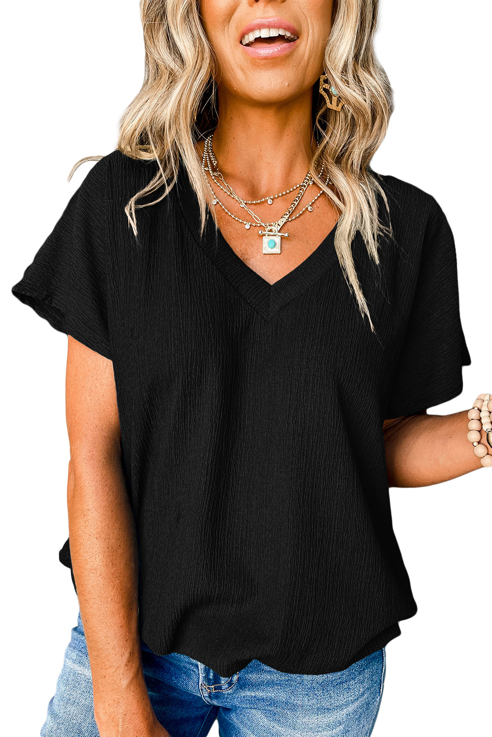 Basic Plain Textured V Neck T-Shirt