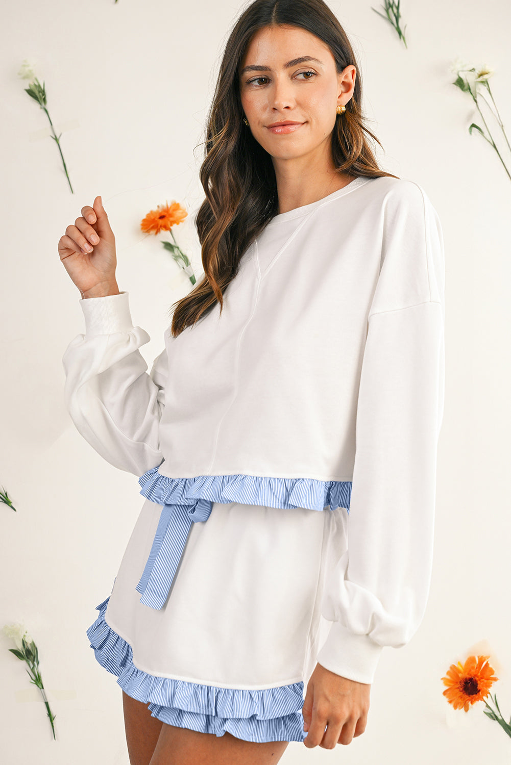 Sydney Ruffle Hem Long Sleeve Pullover and Shorts Set