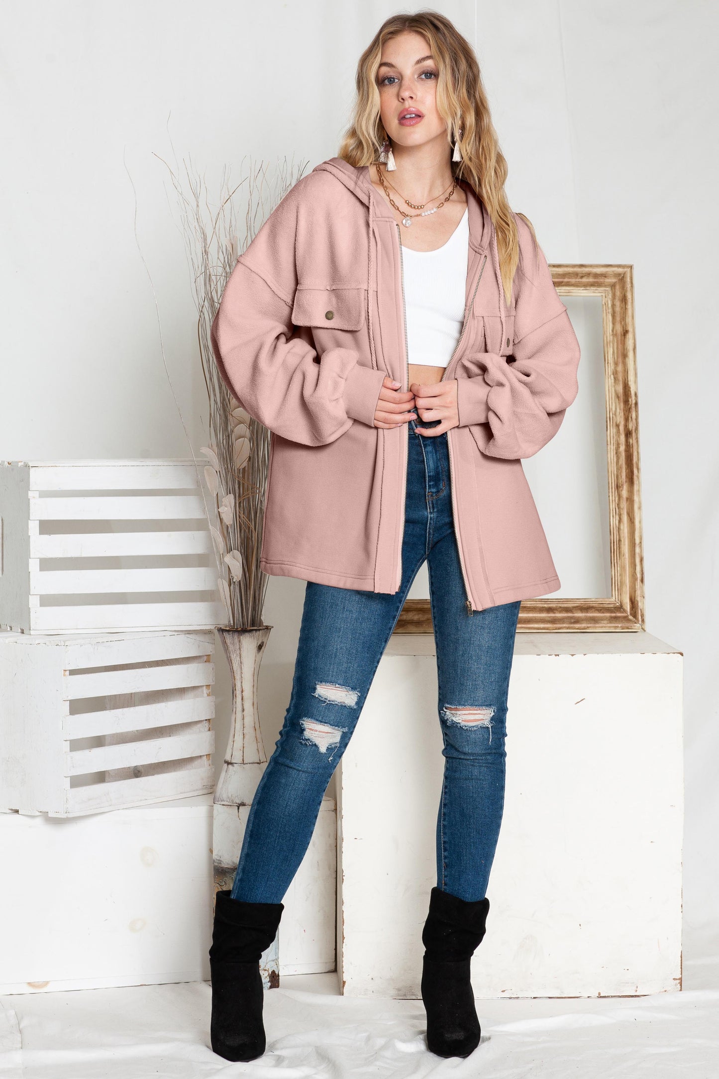 Flap Pockets Bishop Sleeve Zip Up Hoodie