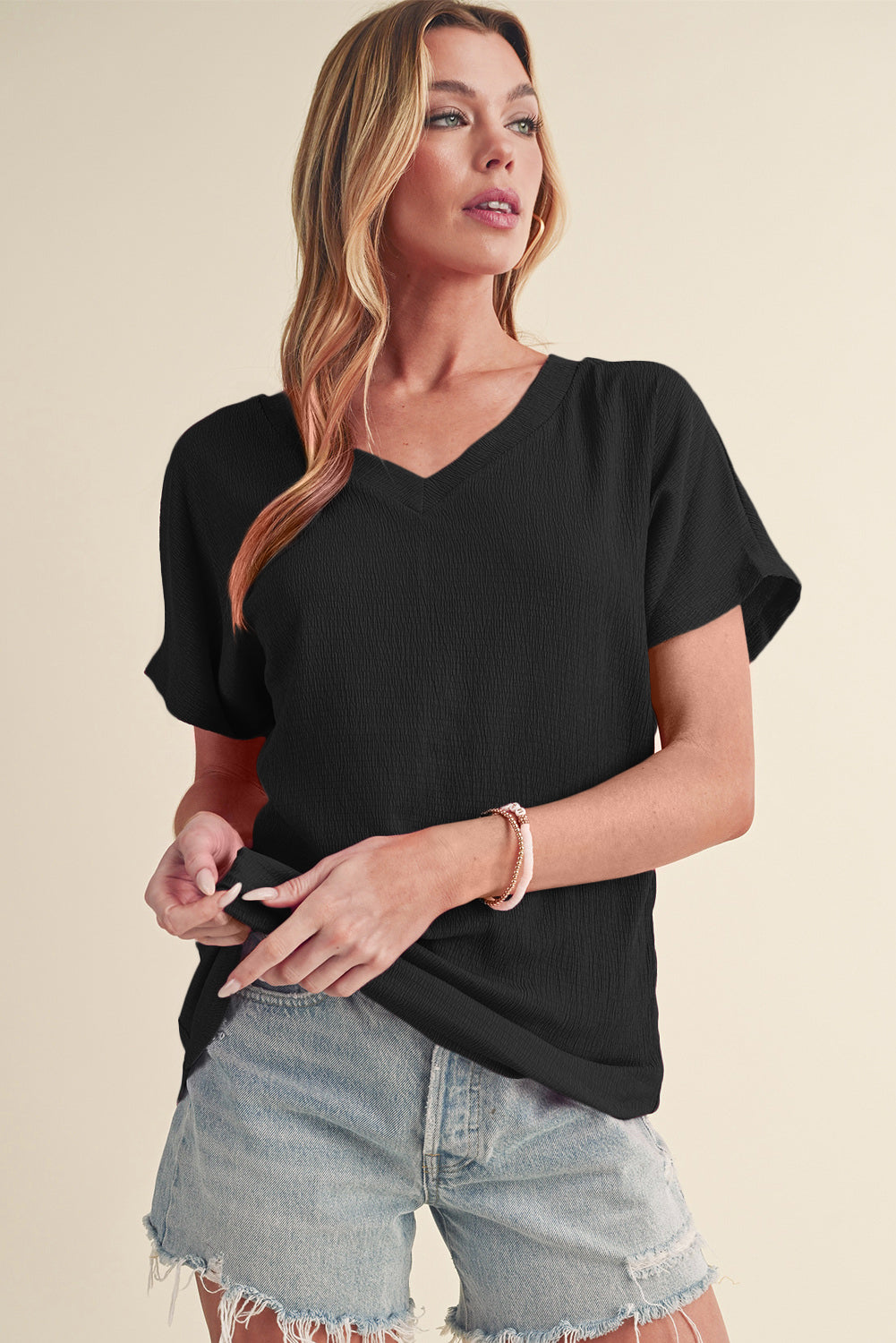 Basic Plain Textured V Neck T-Shirt