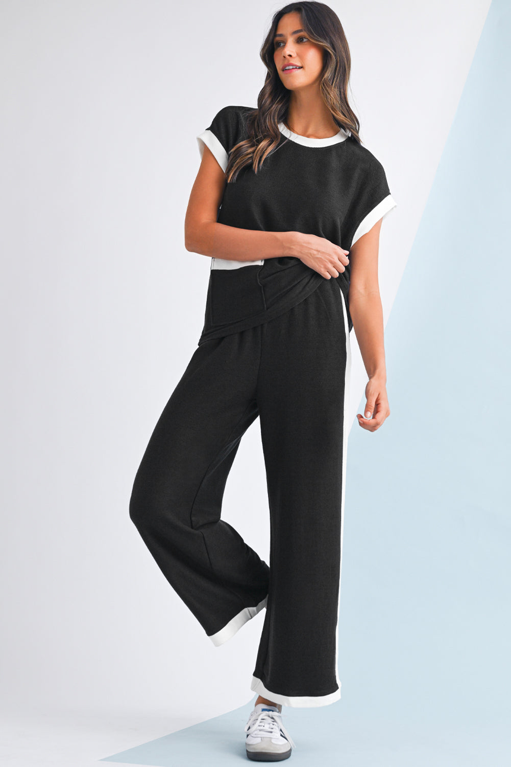 Nia Contrast Trim T-Shirt and Wide Leg Pants Set