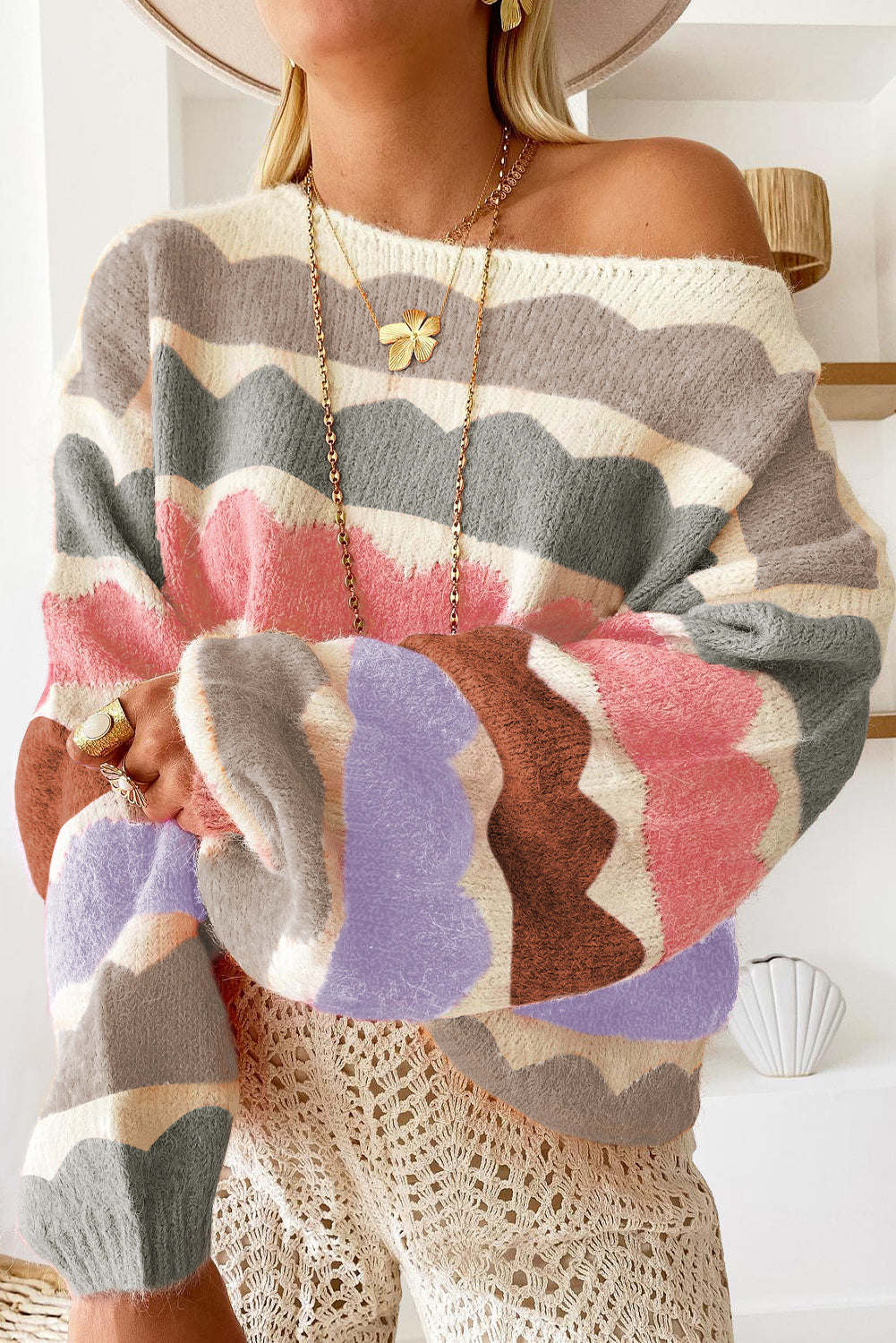 Kaia Wave Striped Balloon Sleeve Sweater
