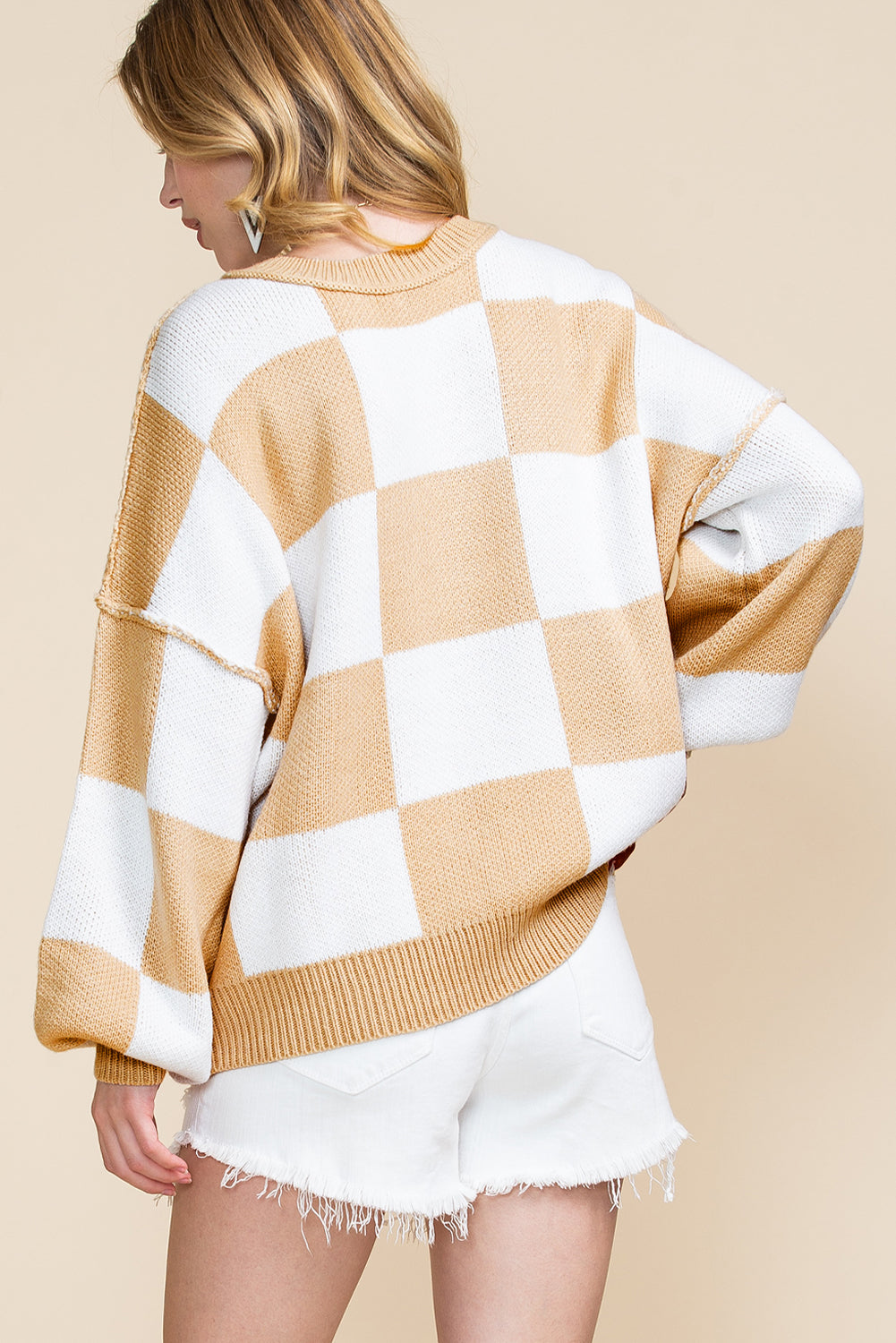 Checked Bishop Sleeve Pullover Sweater