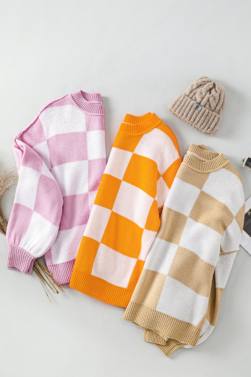 Checked Bishop Sleeve Pullover Sweater