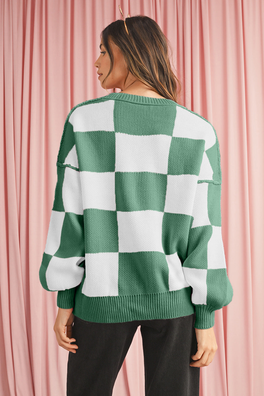 Checked Bishop Sleeve Pullover Sweater